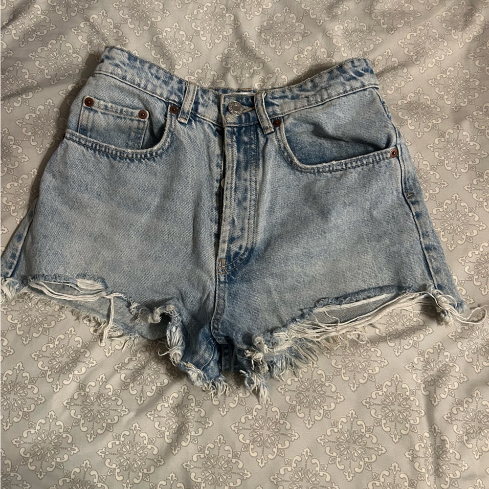 Zara Blue Jean Shorts Distressed Frayed Hem